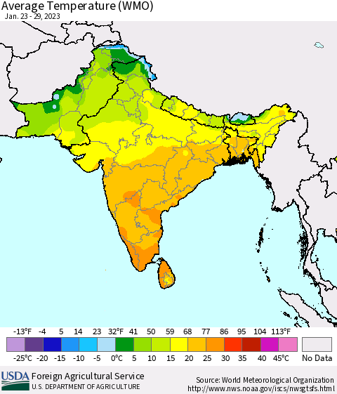 Southern Asia Average Temperature (WMO) Thematic Map For 1/23/2023 - 1/29/2023