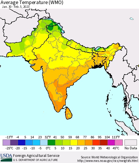 Southern Asia Average Temperature (WMO) Thematic Map For 1/30/2023 - 2/5/2023