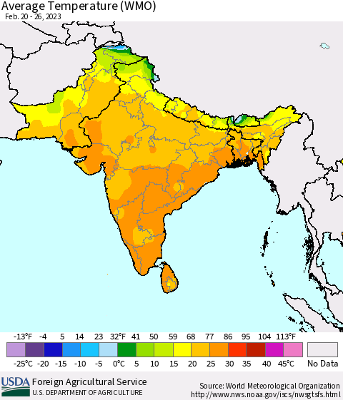Southern Asia Average Temperature (WMO) Thematic Map For 2/20/2023 - 2/26/2023