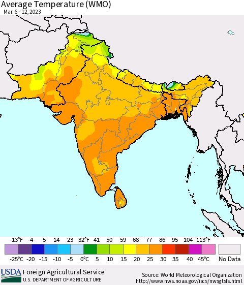 Southern Asia Average Temperature (WMO) Thematic Map For 3/6/2023 - 3/12/2023