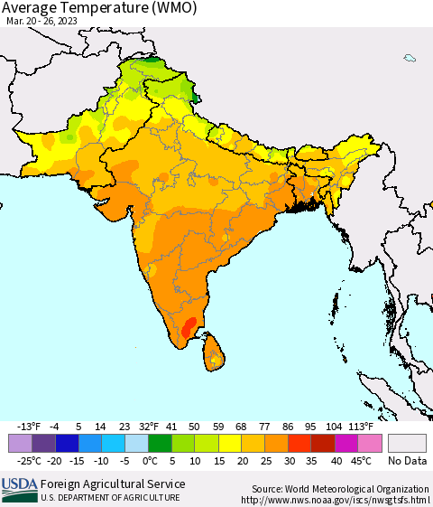 Southern Asia Average Temperature (WMO) Thematic Map For 3/20/2023 - 3/26/2023