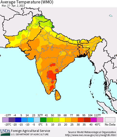 Southern Asia Average Temperature (WMO) Thematic Map For 3/27/2023 - 4/2/2023