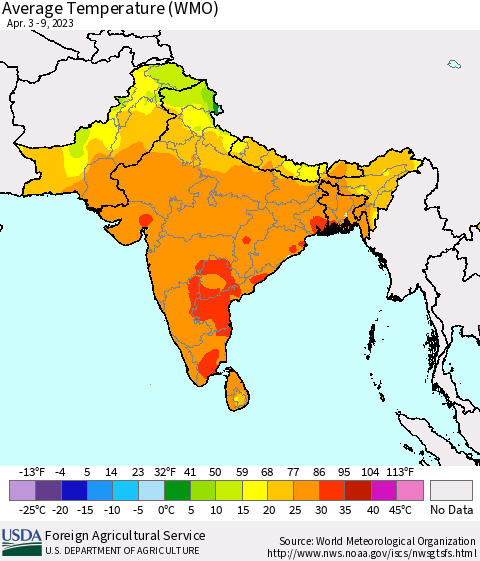 Southern Asia Average Temperature (WMO) Thematic Map For 4/3/2023 - 4/9/2023