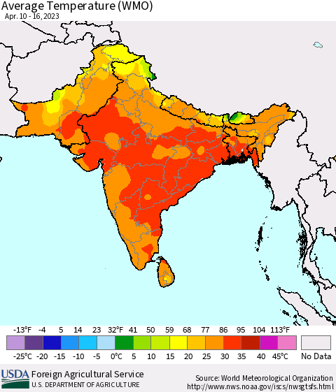 Southern Asia Average Temperature (WMO) Thematic Map For 4/10/2023 - 4/16/2023