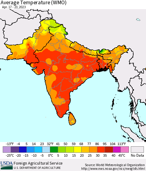 Southern Asia Average Temperature (WMO) Thematic Map For 4/17/2023 - 4/23/2023