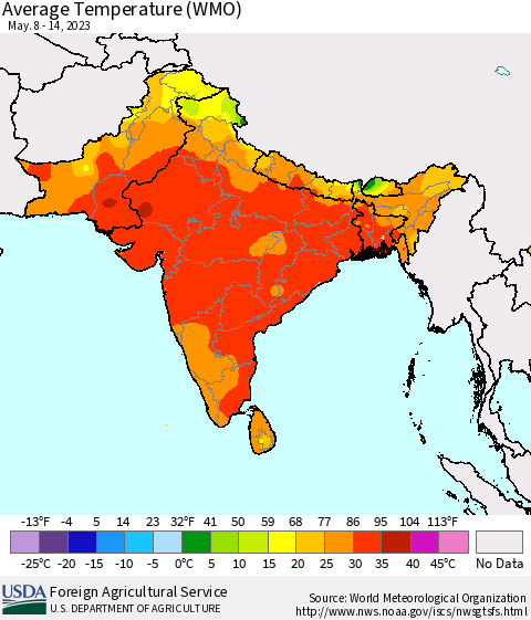 Southern Asia Average Temperature (WMO) Thematic Map For 5/8/2023 - 5/14/2023