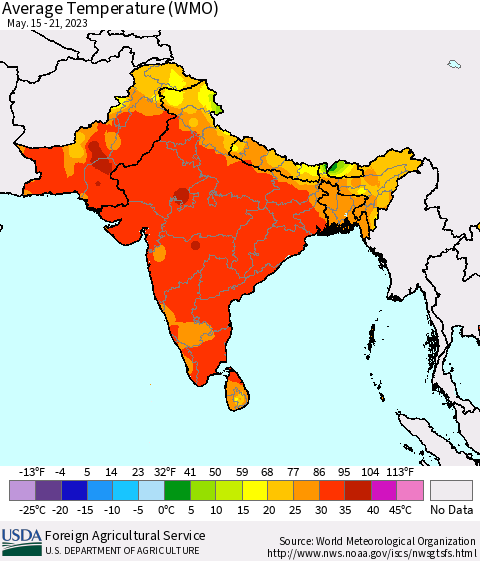Southern Asia Average Temperature (WMO) Thematic Map For 5/15/2023 - 5/21/2023