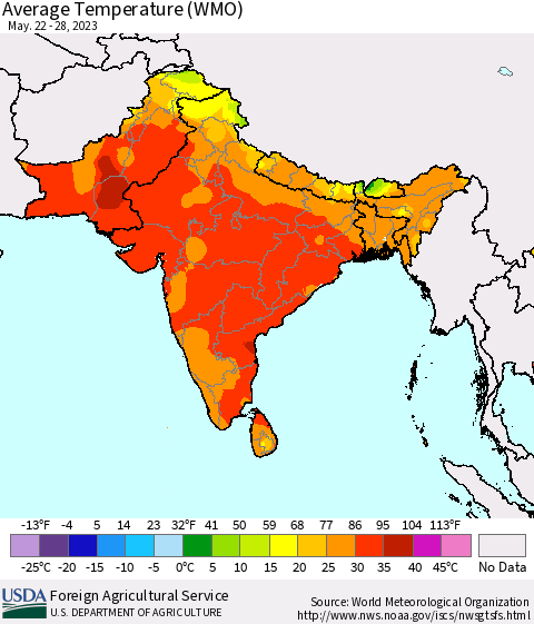 Southern Asia Average Temperature (WMO) Thematic Map For 5/22/2023 - 5/28/2023