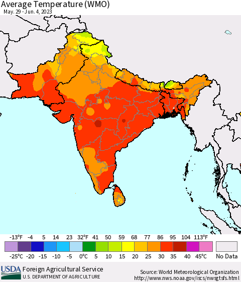 Southern Asia Average Temperature (WMO) Thematic Map For 5/29/2023 - 6/4/2023
