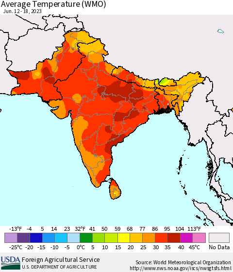 Southern Asia Average Temperature (WMO) Thematic Map For 6/12/2023 - 6/18/2023