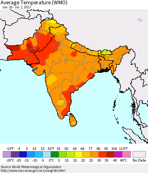 Southern Asia Average Temperature (WMO) Thematic Map For 6/26/2023 - 7/2/2023