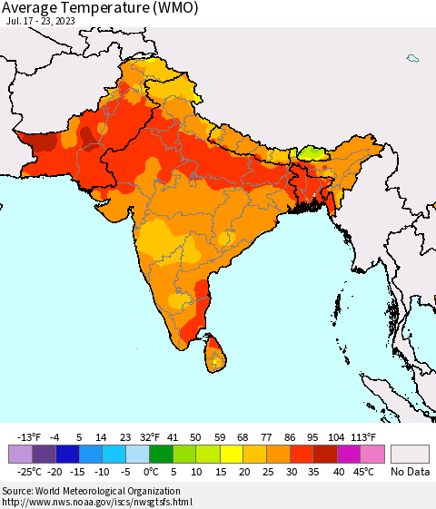 Southern Asia Average Temperature (WMO) Thematic Map For 7/17/2023 - 7/23/2023