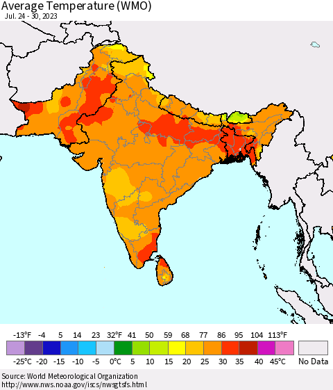 Southern Asia Average Temperature (WMO) Thematic Map For 7/24/2023 - 7/30/2023