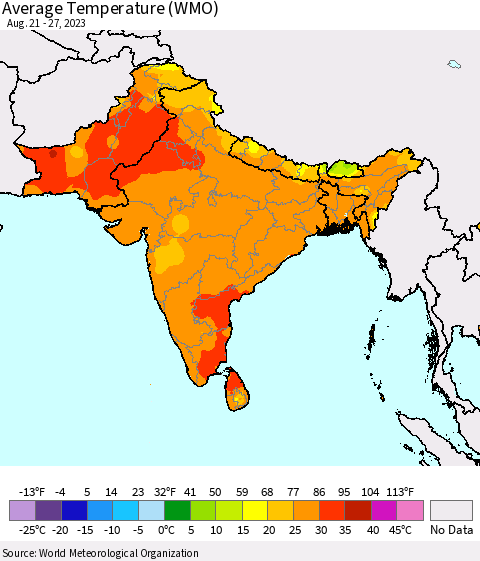 Southern Asia Average Temperature (WMO) Thematic Map For 8/21/2023 - 8/27/2023