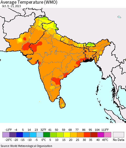 Southern Asia Average Temperature (WMO) Thematic Map For 10/9/2023 - 10/15/2023