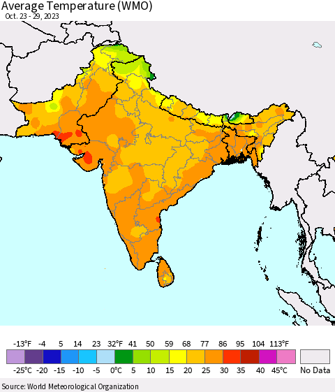 Southern Asia Average Temperature (WMO) Thematic Map For 10/23/2023 - 10/29/2023