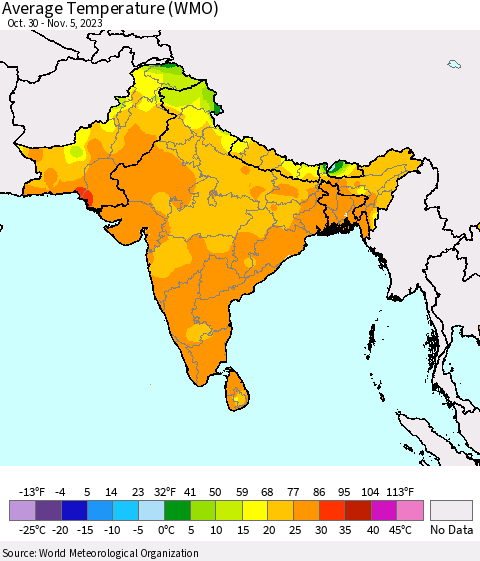 Southern Asia Average Temperature (WMO) Thematic Map For 10/30/2023 - 11/5/2023