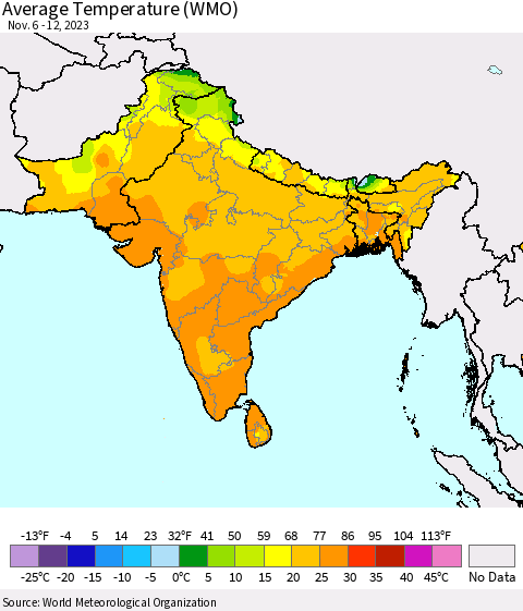 Southern Asia Average Temperature (WMO) Thematic Map For 11/6/2023 - 11/12/2023