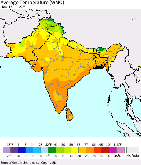 Southern Asia Average Temperature (WMO) Thematic Map For 11/13/2023 - 11/19/2023