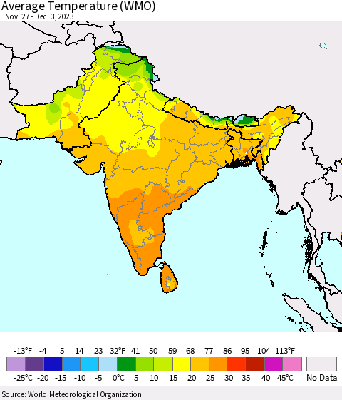 Southern Asia Average Temperature (WMO) Thematic Map For 11/27/2023 - 12/3/2023