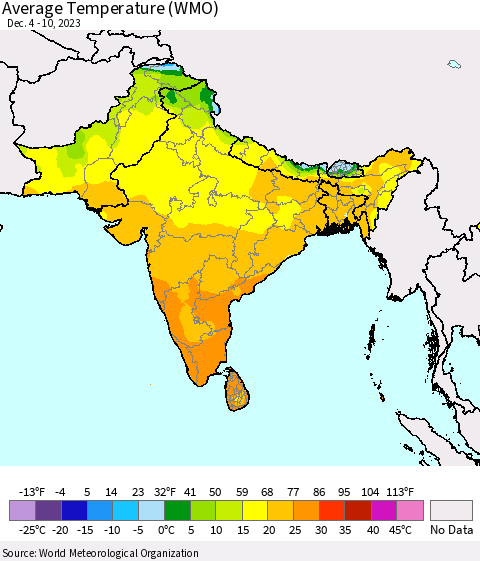 Southern Asia Average Temperature (WMO) Thematic Map For 12/4/2023 - 12/10/2023