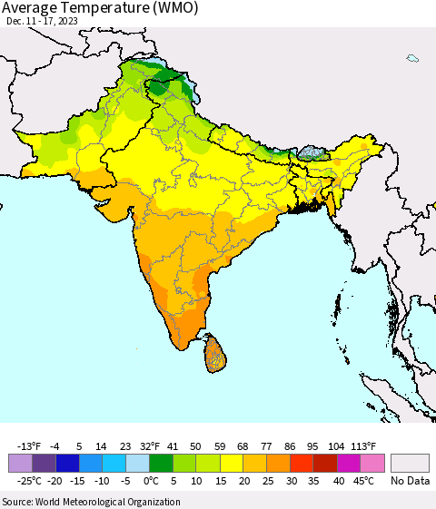 Southern Asia Average Temperature (WMO) Thematic Map For 12/11/2023 - 12/17/2023