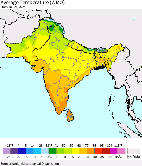 Southern Asia Average Temperature (WMO) Thematic Map For 12/18/2023 - 12/24/2023
