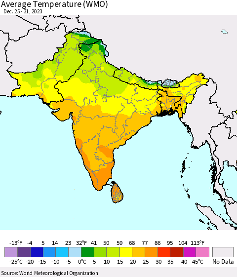 Southern Asia Average Temperature (WMO) Thematic Map For 12/25/2023 - 12/31/2023