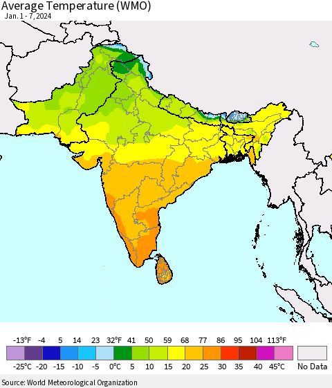 Southern Asia Average Temperature (WMO) Thematic Map For 1/1/2024 - 1/7/2024
