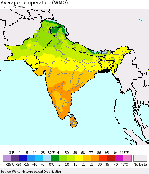 Southern Asia Average Temperature (WMO) Thematic Map For 1/8/2024 - 1/14/2024