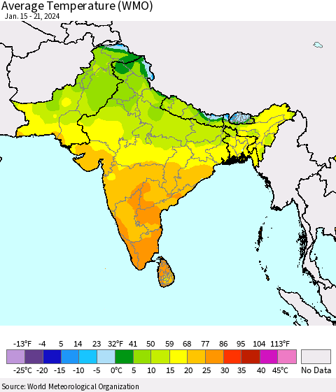 Southern Asia Average Temperature (WMO) Thematic Map For 1/15/2024 - 1/21/2024