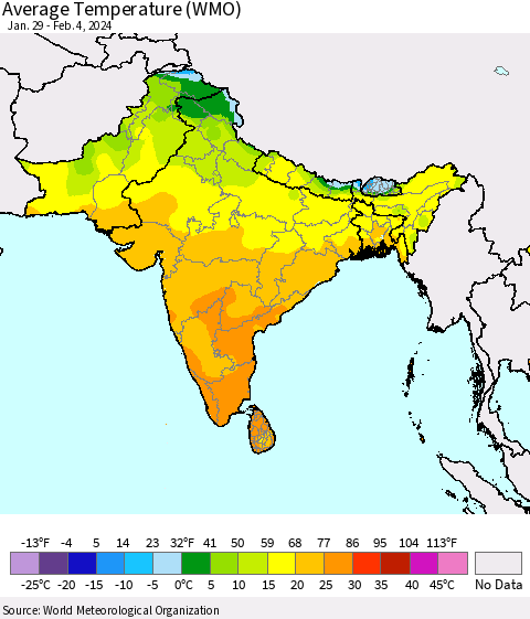 Southern Asia Average Temperature (WMO) Thematic Map For 1/29/2024 - 2/4/2024