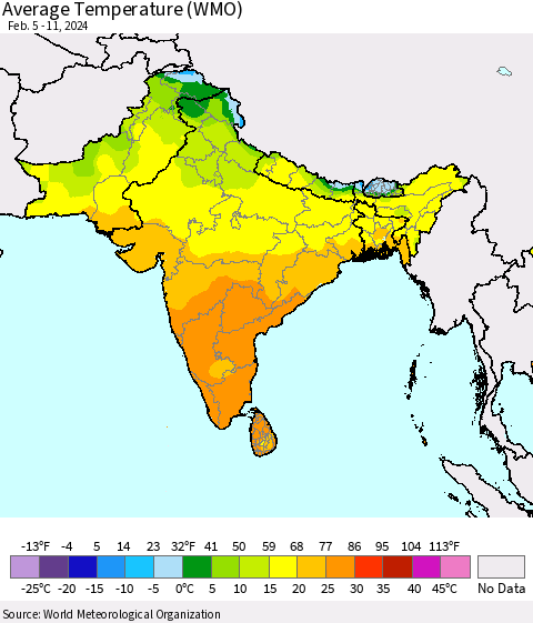 Southern Asia Average Temperature (WMO) Thematic Map For 2/5/2024 - 2/11/2024