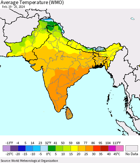 Southern Asia Average Temperature (WMO) Thematic Map For 2/19/2024 - 2/25/2024