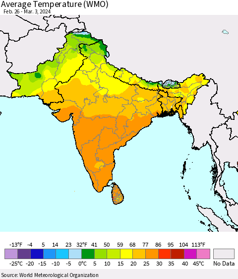 Southern Asia Average Temperature (WMO) Thematic Map For 2/26/2024 - 3/3/2024