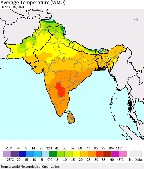 Southern Asia Average Temperature (WMO) Thematic Map For 3/4/2024 - 3/10/2024