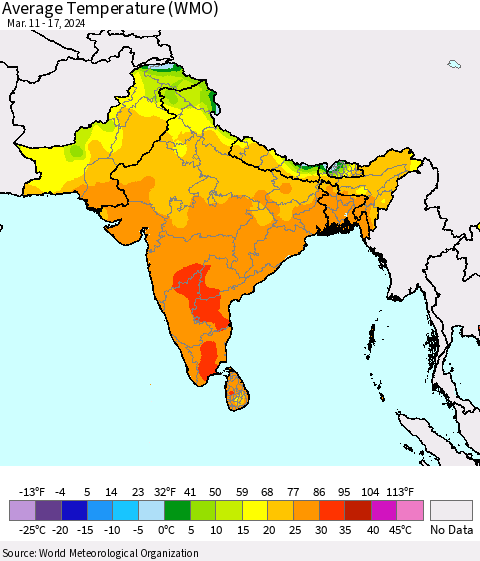 Southern Asia Average Temperature (WMO) Thematic Map For 3/11/2024 - 3/17/2024