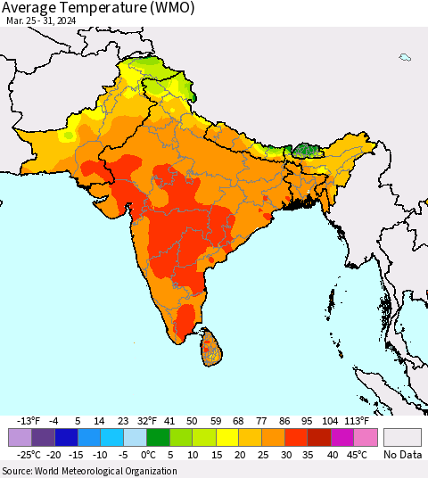 Southern Asia Average Temperature (WMO) Thematic Map For 3/25/2024 - 3/31/2024