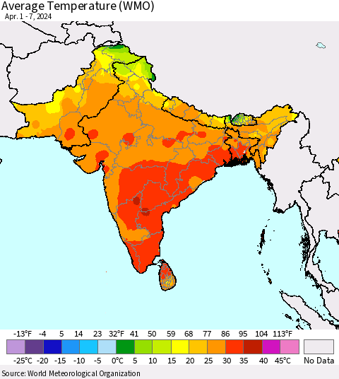 Southern Asia Average Temperature (WMO) Thematic Map For 4/1/2024 - 4/7/2024
