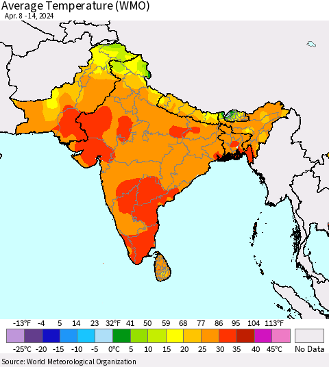 Southern Asia Average Temperature (WMO) Thematic Map For 4/8/2024 - 4/14/2024