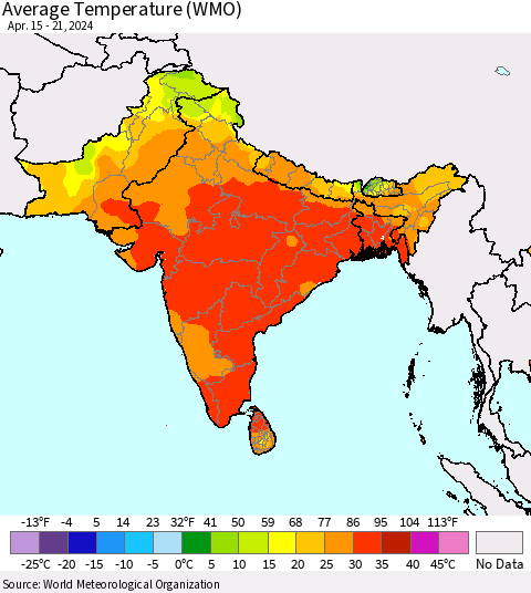Southern Asia Average Temperature (WMO) Thematic Map For 4/15/2024 - 4/21/2024