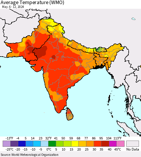 Southern Asia Average Temperature (WMO) Thematic Map For 5/6/2024 - 5/12/2024