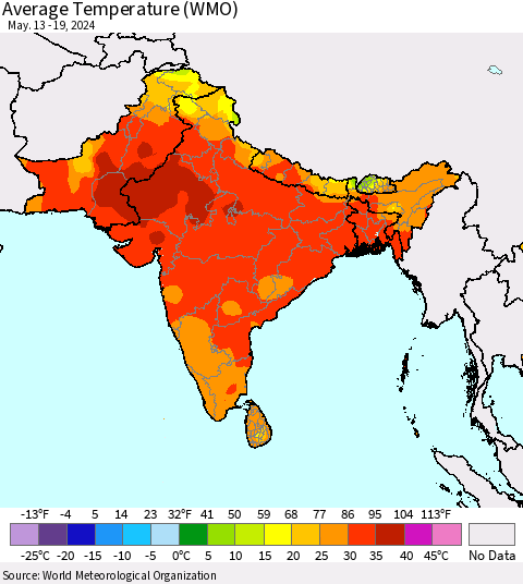 Southern Asia Average Temperature (WMO) Thematic Map For 5/13/2024 - 5/19/2024
