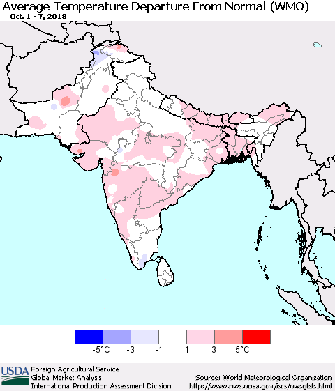 Southern Asia Average Temperature Departure from Normal (WMO) Thematic Map For 10/1/2018 - 10/7/2018