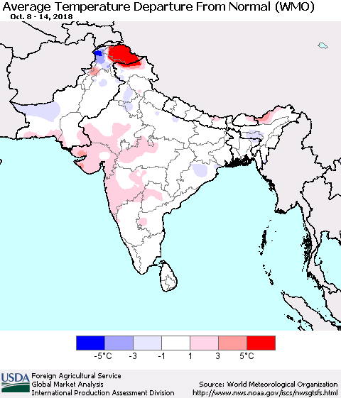 Southern Asia Average Temperature Departure from Normal (WMO) Thematic Map For 10/8/2018 - 10/14/2018