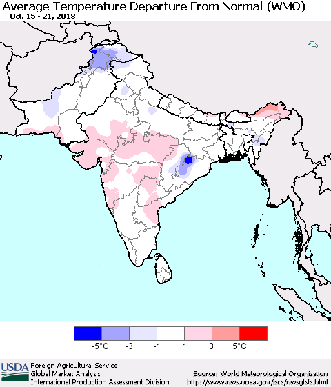 Southern Asia Average Temperature Departure from Normal (WMO) Thematic Map For 10/15/2018 - 10/21/2018