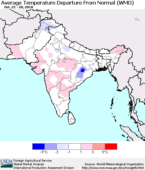 Southern Asia Average Temperature Departure from Normal (WMO) Thematic Map For 10/22/2018 - 10/28/2018
