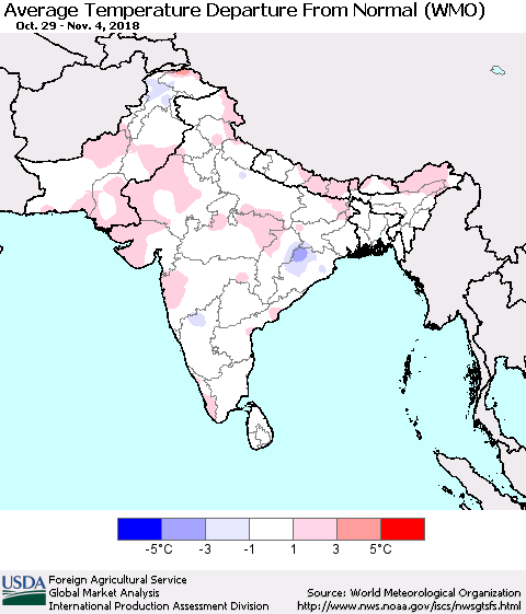 Southern Asia Average Temperature Departure from Normal (WMO) Thematic Map For 10/29/2018 - 11/4/2018
