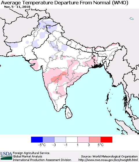 Southern Asia Average Temperature Departure from Normal (WMO) Thematic Map For 11/5/2018 - 11/11/2018