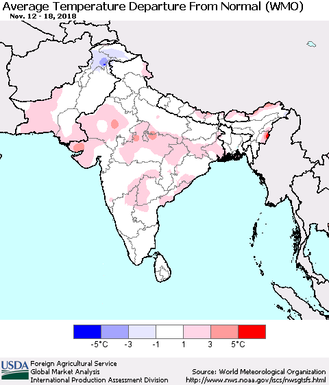 Southern Asia Average Temperature Departure from Normal (WMO) Thematic Map For 11/12/2018 - 11/18/2018